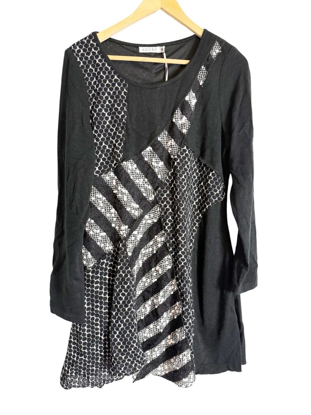 Adore Black Mix Media Tweed Stripe Long Sleeve Lagenlook Artsy Tunic Top Medium